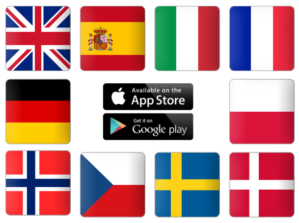 Country flags and App Store + Google Play Logo's